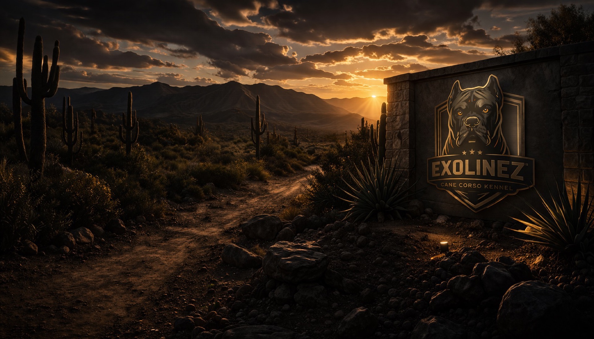 Exolinez Cane Corso Kennel stone monument at Arizona desert sunset