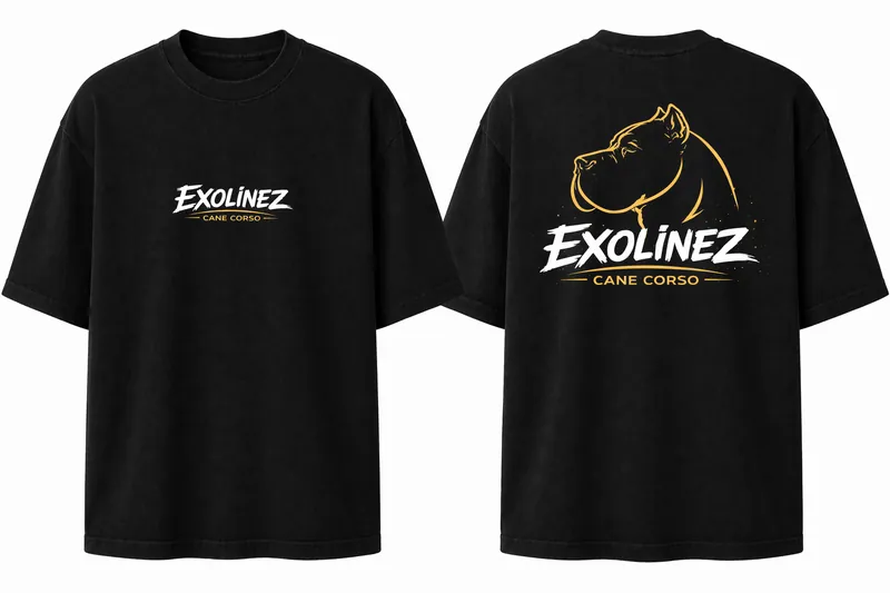 Exolinez Cane Corso Tee — black oversized tee with white wordmark and gold dog outline