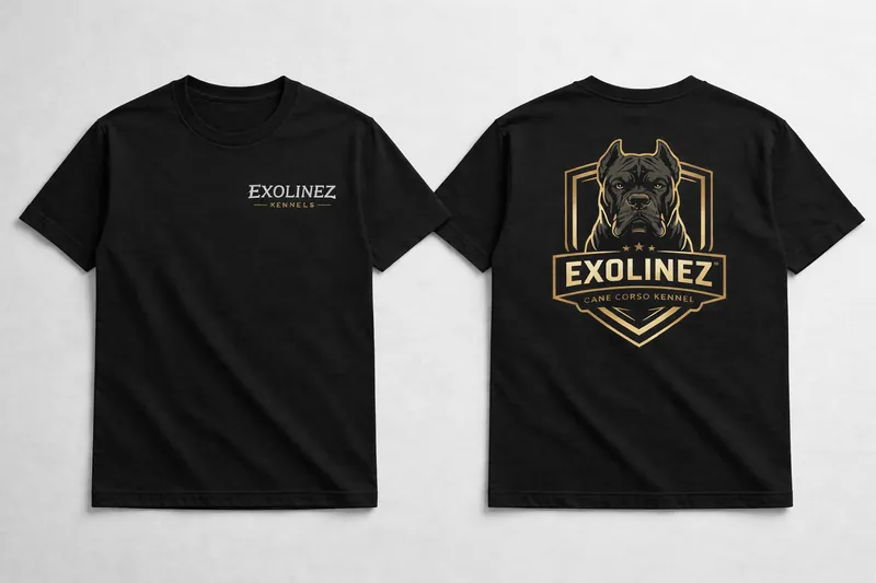 Exolinez Shield Logo Tee — black tee with gold Cane Corso crest on back